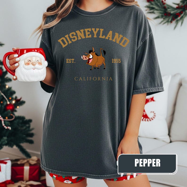 Pu&ograve; includere: Una maglietta grigio scuro con la scritta "DISNEYLAND" in oro. Sotto, un facocero dei cartoni animati e la scritta "EST. 1955 CALIFORNIA". La maglietta fa parte di una collezione di abbigliamento.