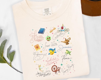 Comfort Colors Disney Princess Signature Shirt, Vintage Princesses Autograph Tee, Disney Girls Trip Shirts, Disneyland Family Vacation Gift