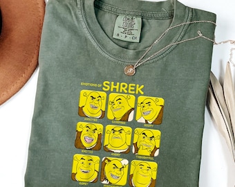 Comfort Colors® Lustiges Shrek Emotionen Shirt, Meme Ogre Gesicht Grafik T-Shirt, Shrek Stimmung Shirt, Cartoon Humor Shirt, Geschenk für Shrek Liebhaber