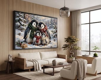 Peut inclure: Une impression d'art mural rectangulaire dans un cadre noir représentant une scène d'hiver enneigée avec quatre manchots portant des écharpes en tricot rouges et vertes. Ils sont blottis dans une forêt avec des sapins et un cadeau.