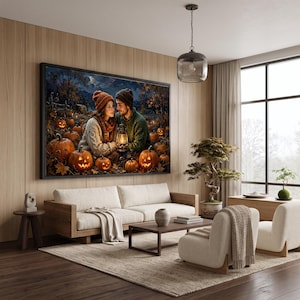 Cozy Autumn Couple with Lantern, Pumpkin Patch Canvas, Romantic Fall Scene, Halloween Night Wall Art, Seasonal Home Decor