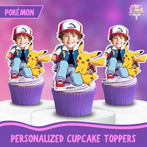 May include: Three personalized cupcake toppers featuring a child with a Pikachu character. The toppers are placed on purple cupcakes with white frosting. The image includes the text "POKÉMON" and "PERSONALIZED CUPCAKE TOPPERS".