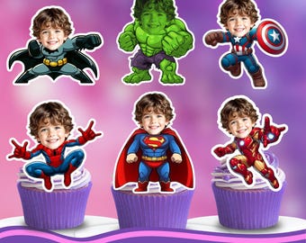Personalized Superhero Face Cupcake Toppers : Birthday Party Decoration (Digital Download)