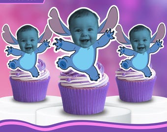 Adornos personalizados para cupcakes con cara de Stitch / Decoración para fiesta de cumpleaños (Descarga digital)