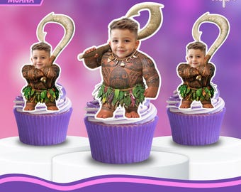 Personalized Maui Moana Cupcake Toppers with Custom Face | Moana Birthday Party Decor | Printable Cake Topper | Digital Download