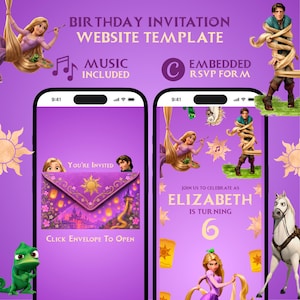 May include: A digital birthday invitation website template featuring Rapunzel, Flynn Rider, and Pascal on a purple background. The design includes a clickable envelope graphic, music, and an embedded RSVP form for a sixth birthday celebration.