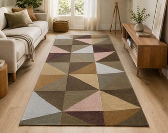 Handwoven Multicolor Geometric Kilim Rug, Wool Flatweave Area Rug, Modern Boho Scandinavian Home Decor
