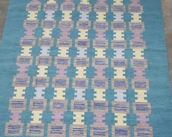 Alfombra Kilim azul tejida a mano con patrón geométrico pastel, alfombra de lana de tejido plano, moderna alfombra Kilim bohemia para sala de estar y dormitorio.