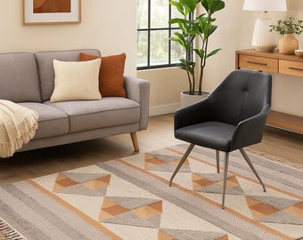 Handwoven Geometric Kilim Area Rug, Modern Triangle Flatweave Kilim Rug, Neutral Boho Wool Carpet, Scandinavian Home Decor