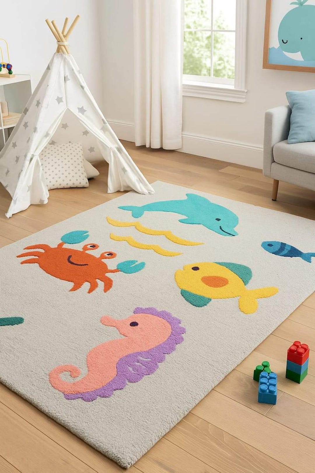 Ocean Theme Kids Rug, Nursery Sea Animals Carpet, Baby Room Play Mat ...