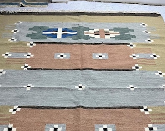 Handgeweven tribal kelimtapijt, veelkleurig wollen platgeweven vloerkleed, zuidwestelijk geometrisch boho-huisdecoratie