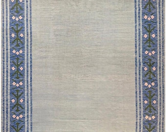 Handwoven Blue Floral Border Kilim Rug, Wool Flatweave Area Rug, Vintage Boho Kilim Carpet for Living Room Bedroom