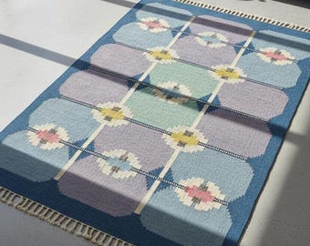 Alfombra Kilim geométrica pastel tejida a mano, alfombra de lana de tejido plano azul, moderna alfombra Kilim vintage bohemia para decoración de sala de estar.