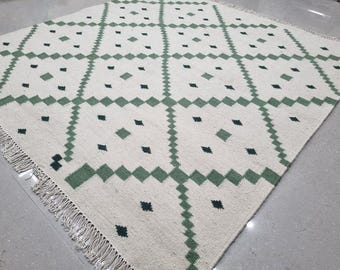 Alfombra Kilim azul tejida a mano, moderna alfombra Kilim de tejido plano a rayas, alfombra geométrica de lana, decoración minimalista bohemia para el hogar.