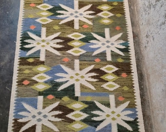 Alfombra de cuadros florales / Tejido plano moderno beige y azul