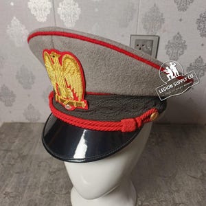 Handmade Red Italian Visor Cap: Stone Grey Wool Blend, Embroidered Eagle Patch