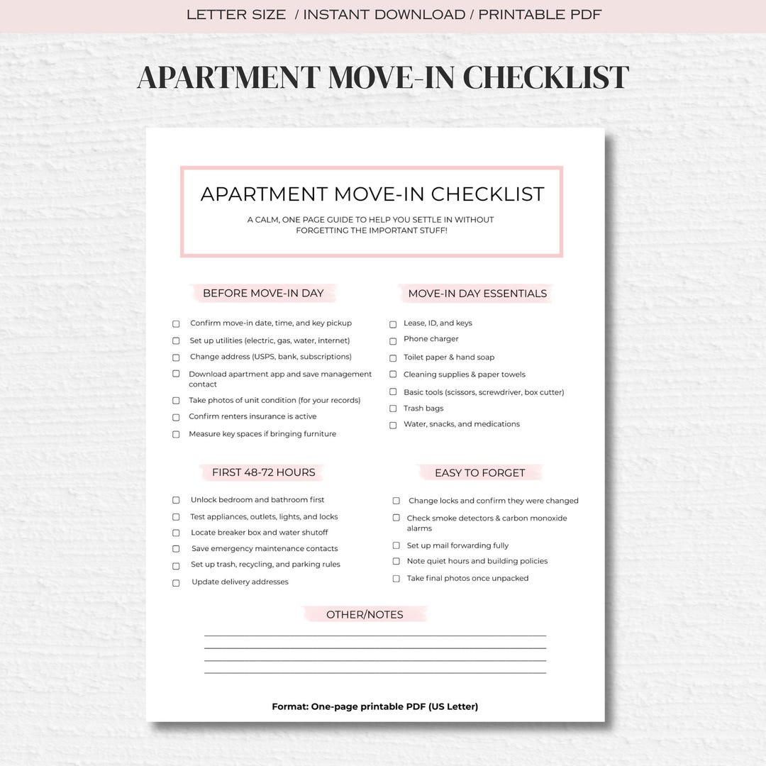 Apartment Move-in Checklist Printable | New Apartment Checklist PDF ...