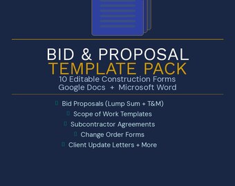 Construction Bid & Proposal Template Pack | 10 Editable Contractor Forms | Scope of Work, Change Order, Subcontractor Agreement