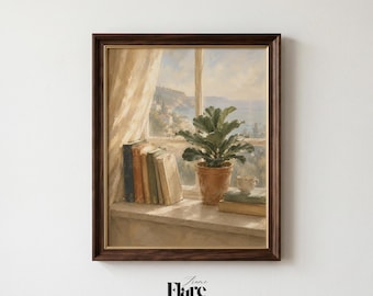 Books Window Sill Wall Art Print, Fiddle Leaf Fig Plant Printable, Terracotta Neutral Decor, Cozy Morning Light Art, Book Lover Gift
