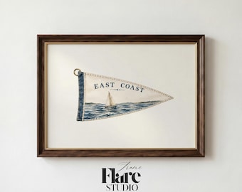 East Coast Pennant Flag Art Print | Vintage Nautical Sailboat Wall Art | Coastal Preppy Decor | Beach House Printable