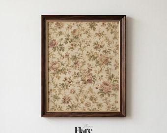 Vintage Chintz Floral Print | Antique Beige Brown Farmhouse Wall Art | Romantic Cottage Digital Download
