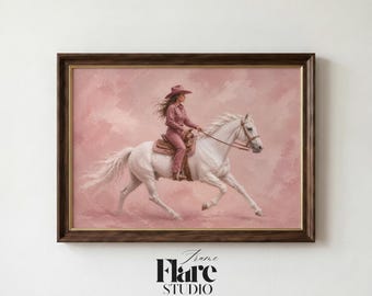 Pink Cowgirl Horse Art Print | Cowgirl Western Art | Horse Oil Painting | Equestrian Wall Art | Horizontal Folk Western Decor