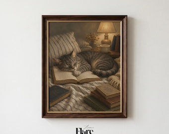 Reading Cat Wall Art Print | Whimsical Tabby Cat Oil Painting | Cozy Bedroom Decor | Book Lover Gift | Cat in Bed Artwork