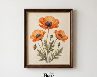 Orange Poppy Botanical Print | Vintage Botanical Wall Art | Cottagecore Floral Printable | Antique Flower Print | Instant Download