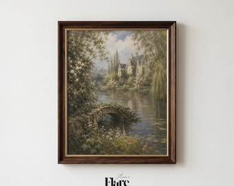 French Chateau Garden Print | Romantic Swan Lake Wall Art | Vintage Countryside Oil Painting Printable Decor