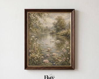 Swans on a Quiet Lake Print | Romantic Nature Landscape Wall Art | Cottagecore Garden Decor | Printable Download