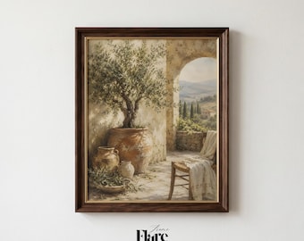Mediterranean Olive Tree Print | Rustic Tuscan Courtyard Wall Art | Vintage Botanical Landscape Digital Download