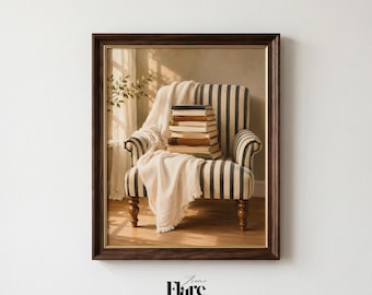 Books Stack Chair Printable Wall Art | Cozy Reading Nook Watercolor Print | Neutral Minimalist Book Lover Decor | Digital Download