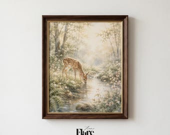Vintage Fawn Forest Print | Soft Watercolor Deer Nursery Wall Art | Cottagecore Woodland Decor | Digital Download