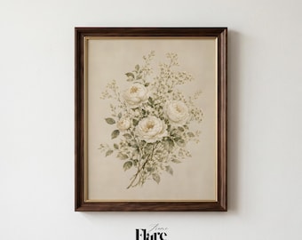 Vintage Botanical Printable Wall Art, Neutral Floral Print Download, Cottagecore Farmhouse Decor, Beige Flower Artwork Gift for Mom