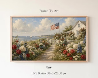American Flag Harbor Frame TV Art | Vintage Oil Painting | Samsung TV Artwork | 4th of July Independence Day Decor