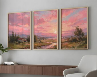 Vintage Fall Sunrise Triptych Wall Art, Panoramic Landscape, Cottagecore Nature Poster (Digital Download)