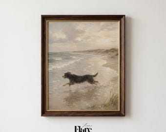 Beach Dog Painting | Neutral Coastal Print, Moody Ocean Landscape Wall Decor, Vintage Dog Art, Printable Digital Download