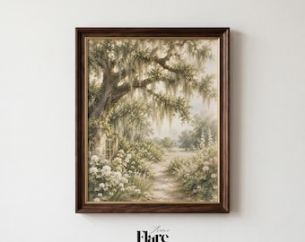 Vintage Oak Tree Wall Art | Southern Landscape Printable | Cottagecore Nature Decor | Instant Download Print