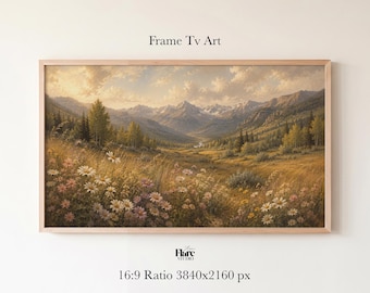 Wildflower Meadow Frame TV Art, Mountain Landscape Floral Painting, Neutral Cottagecore Samsung Frame TV Download