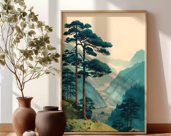 Japanese Forest Art Print, Japandi Botanical Wall Art (Digital Download)