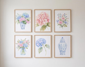 Pastel Hydrangeas Wall Art Set of 6 | Preppy Grandmillennial Dorm Prints | Watercolor Coquette Floral Print Set | Pink Blue Green Decor