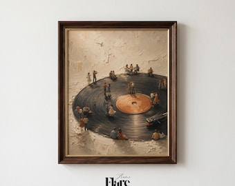 Minimalist Vinyl Record Poster | Retro Music Wall Art | Tiny Dancing Figures | Surreal Turntable Printable Download