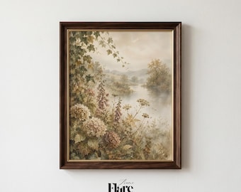 Vintage Botanical River Print | Moody Autumn Landscape Art | Cottagecore Farmhouse Wall Decor | Digital Download