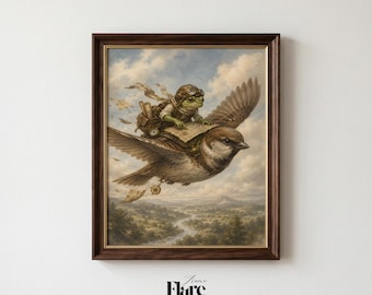 Vintage Frog Explorer Print | Whimsical Bird Riding Fantasy Art | Cottagecore Storybook Printable Wall Decor