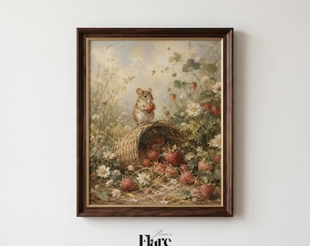 Field Mouse Strawberry Harvest Print | Cottagecore Meadow Painting | Woodland Nursery Decor | Vintage Digital Download