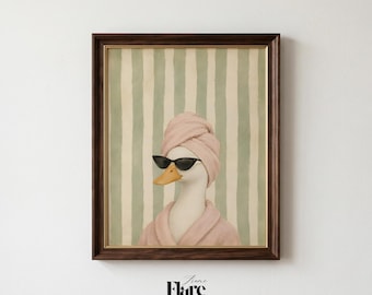 Funny Duck in Pink Towel Poster, Quirky Bathroom Decor, Duck Spa Day Wall Art, Cozy Sage Green Striped Print, Funny Animal Bathroom Wall Art
