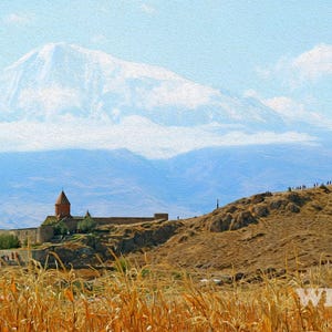 Pintura digital al óleo del Monte Ararat y Khor Virap, impresión giclée para pared / Paisaje bíblico armenio de la hora dorada, decoración cálida para el hogar e iglesia