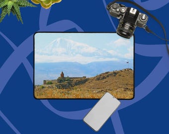 Digital Oil Painting Style Desk Mat | Golden Mount Ararat, Khor Virap Armenia Workspace Decor, Artistic Large Mousepad