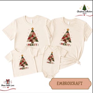 May include: A set of four cream-colored shirts and a baby bodysuit featuring a patchwork-style Christmas tree graphic in red, green, and brown with a gold star topper. The text MERRY is printed below each tree. Includes Christmas Collection 2027 text.