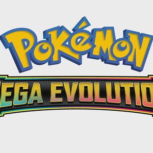 May include: The Pokémon logo in yellow and blue above the words "MEGA EVOLUTION" in a black, yellow, and green banner. The text is outlined in black and set against a light gray background.